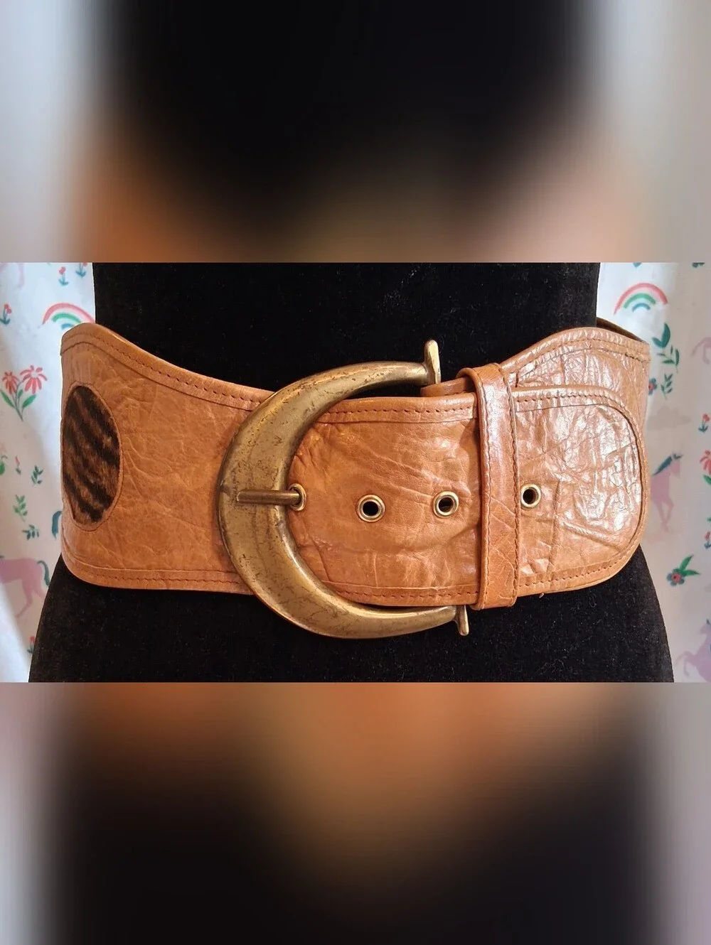 Vintage 80s Smooshy Tan Pebble Leather & Leopard Calf Boho Accent Statement Belt